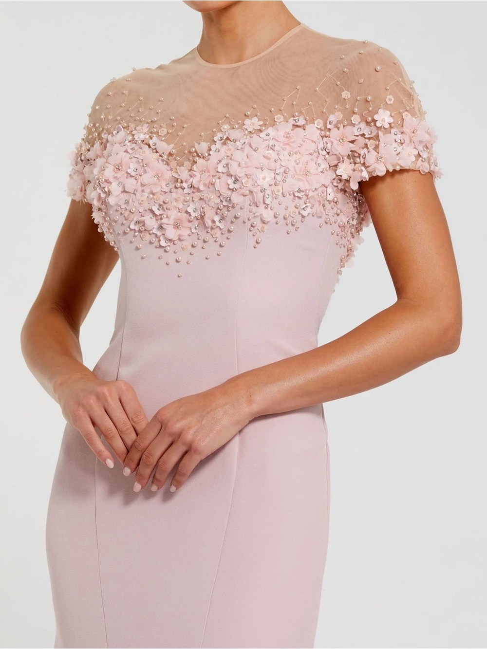 Mac Duggal 11867 Pink Crepe Mermaid Gown With Beaded Illusion Neck Size 14 NWT - Picture 2 of 10